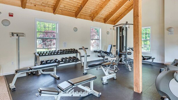 A gym with various exercise equipment, large windows, and a wooden ceiling.
