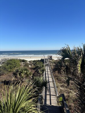 Ein Holzsteg führt zu einem Strand unter blauem Himmel.