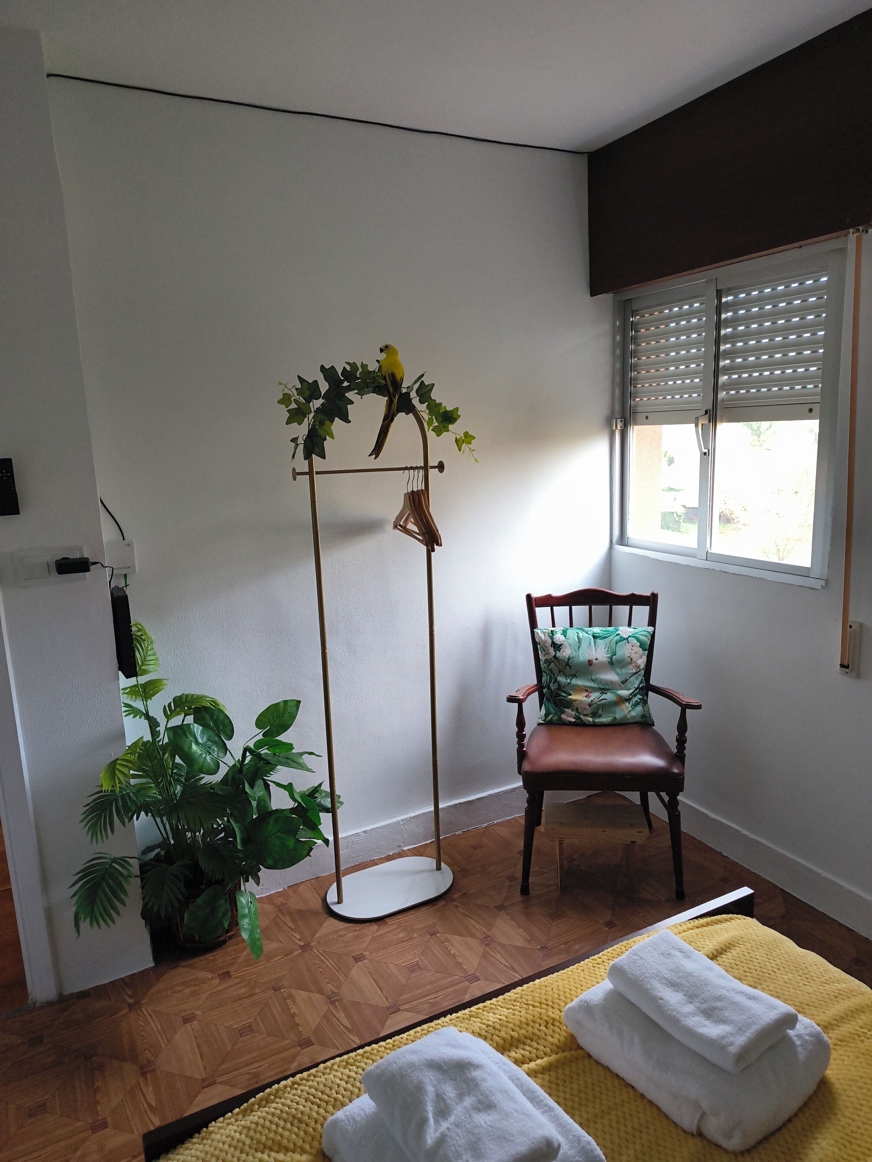 A room with a wooden floor, a chair with a floral cushion, a floor lamp with a hanging plant, and a window with blinds.