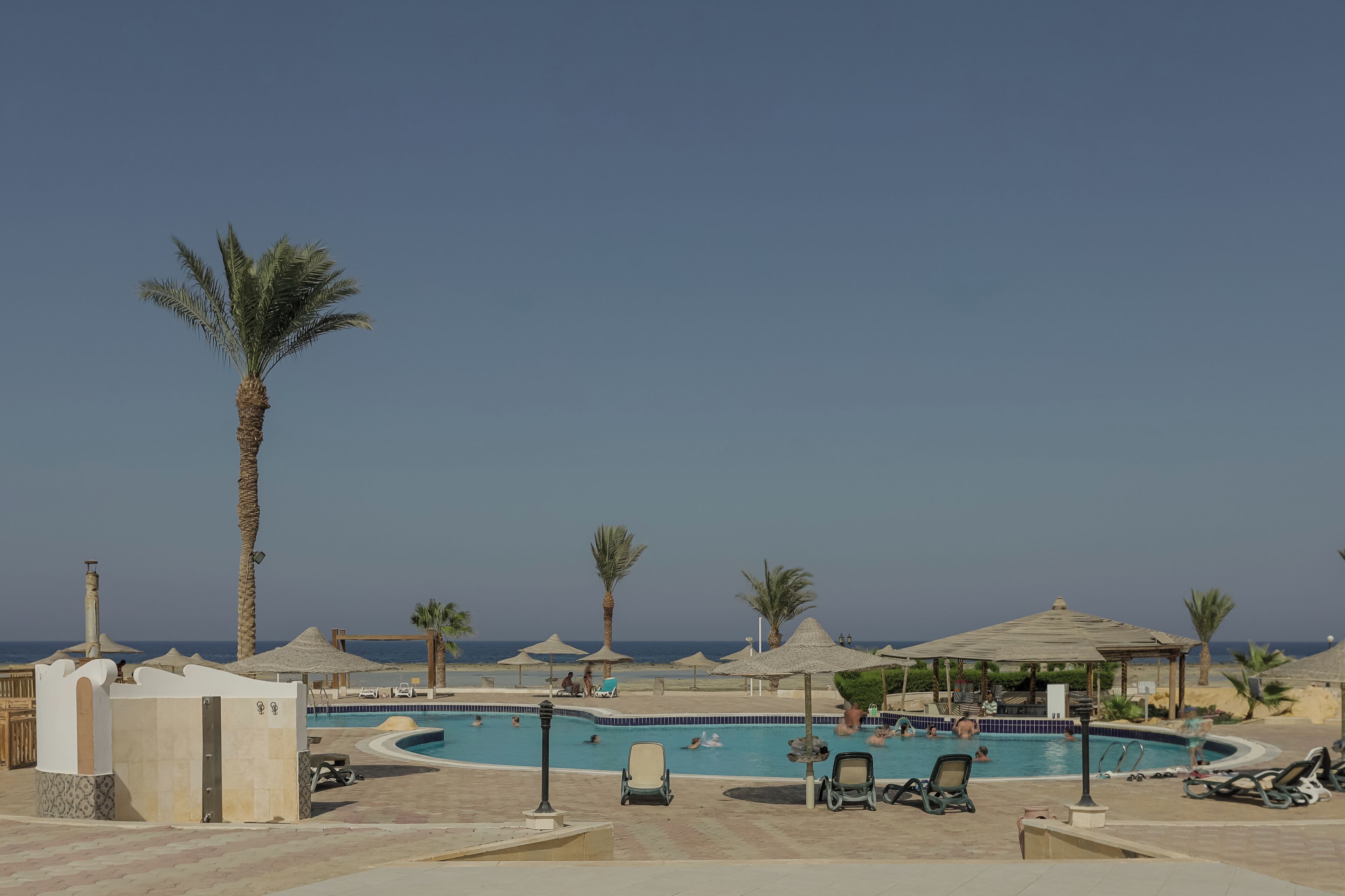 Un área de piscina con sillones de descanso, palmeras y vistas al mar.