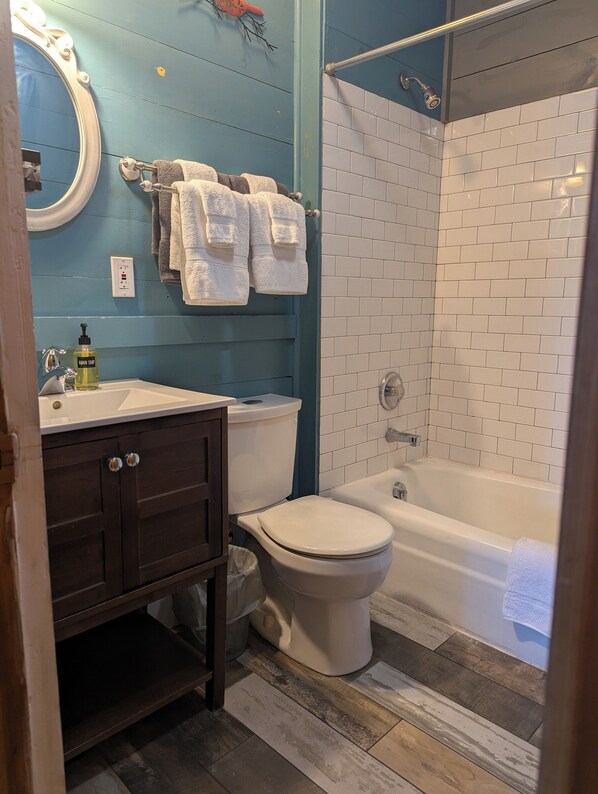 Eco-friendly toiletries, hair dryer, towels, soap