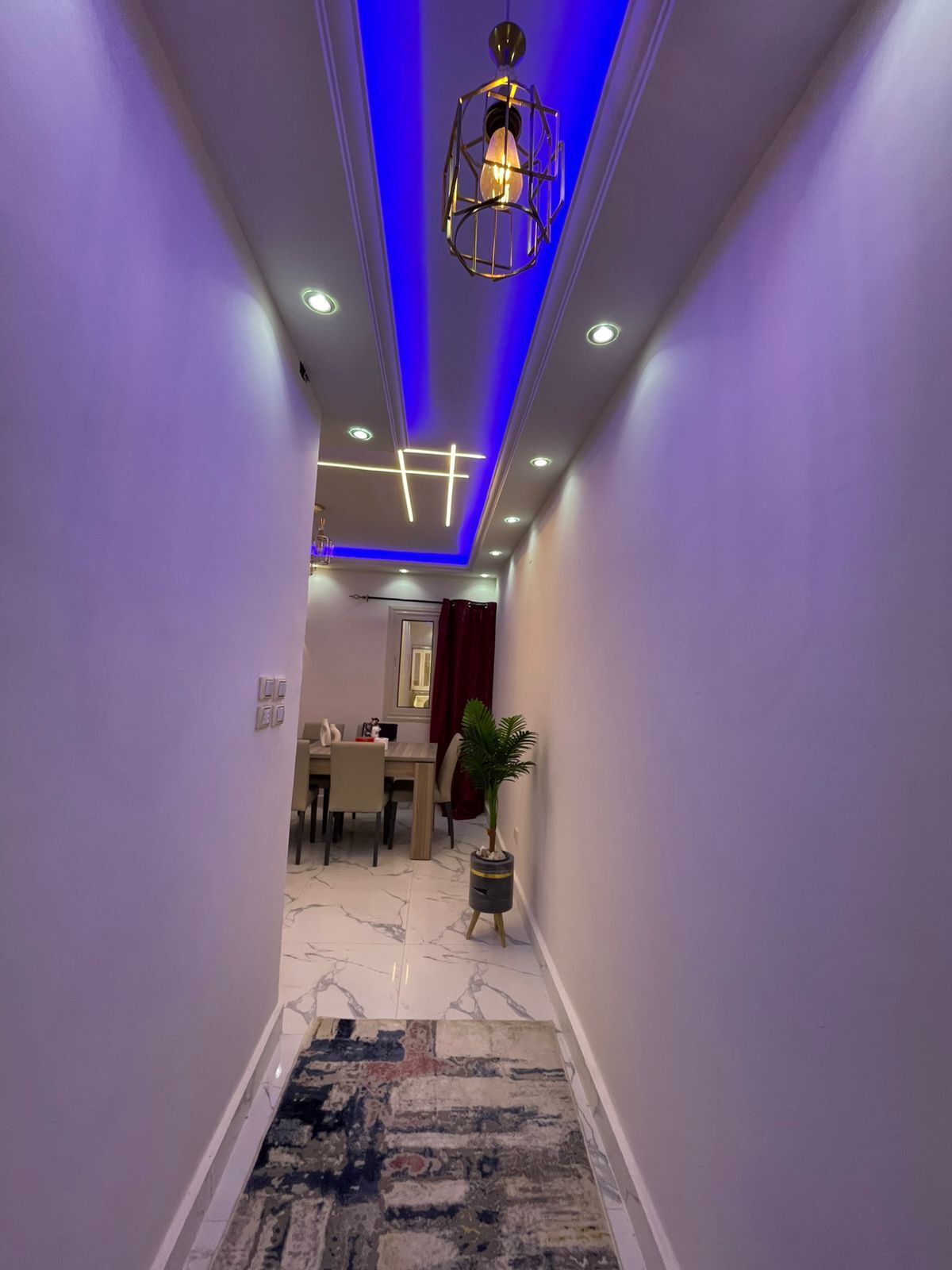 A hallway with a modern light fixture, a dining area with a table and chairs, and a potted plant.