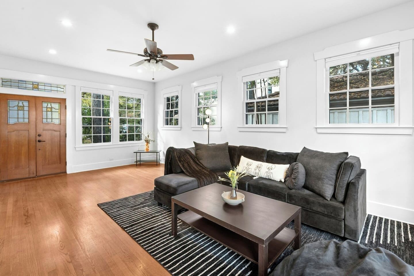 Smart TV, lareira, livros, biblioteca musical