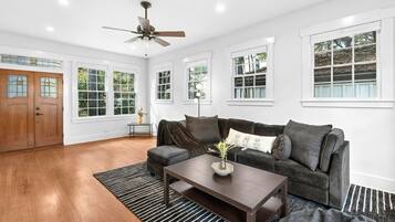 Smart TV, lareira, livros, biblioteca musical