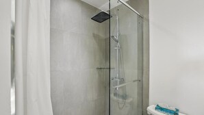 A modern bathroom with a glass-enclosed shower, a toilet with a tissue box, and a plain tiled wall.