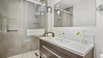 Regadera, secadora de cabello, toallas