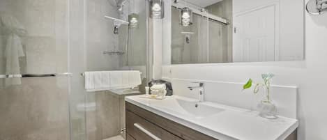 Shower, hair dryer, towels