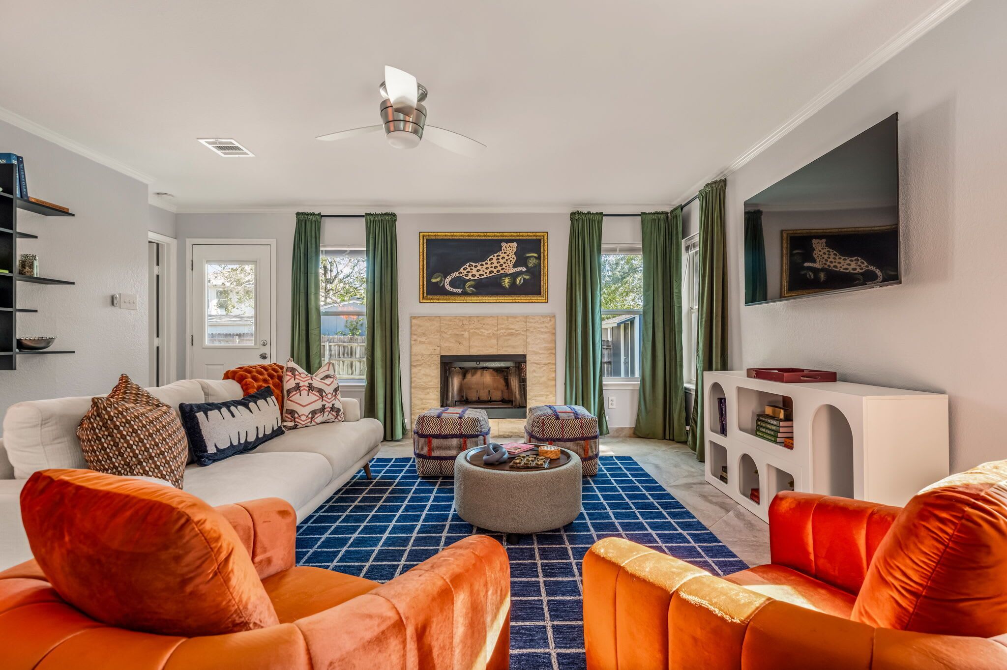 Smart TV, fireplace, video games, foosball