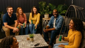 Un groupe de personnes est assis autour d’une table dans un cadre extérieur, avec des guirlandes lumineuses suspendues au-dessus.
