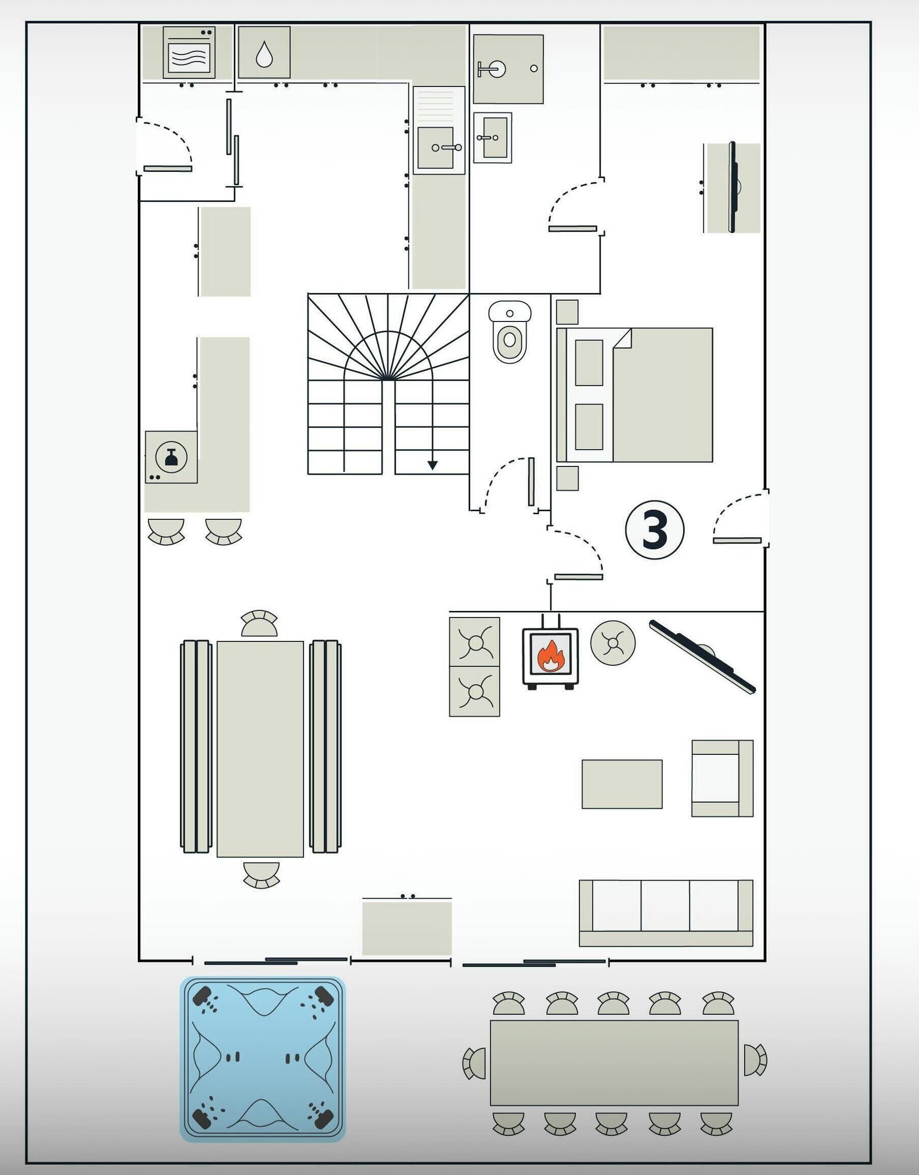 Een plattegrond van een hotelkamer met een kitchenette, een badkamer, een zithoek met een pooltafel en een eetgedeelte met zes stoelen.