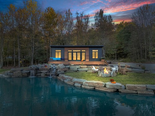 Luxury Tiny House Over a Waterfall on Private Tiny Lake Sleep to Waterfall Sound