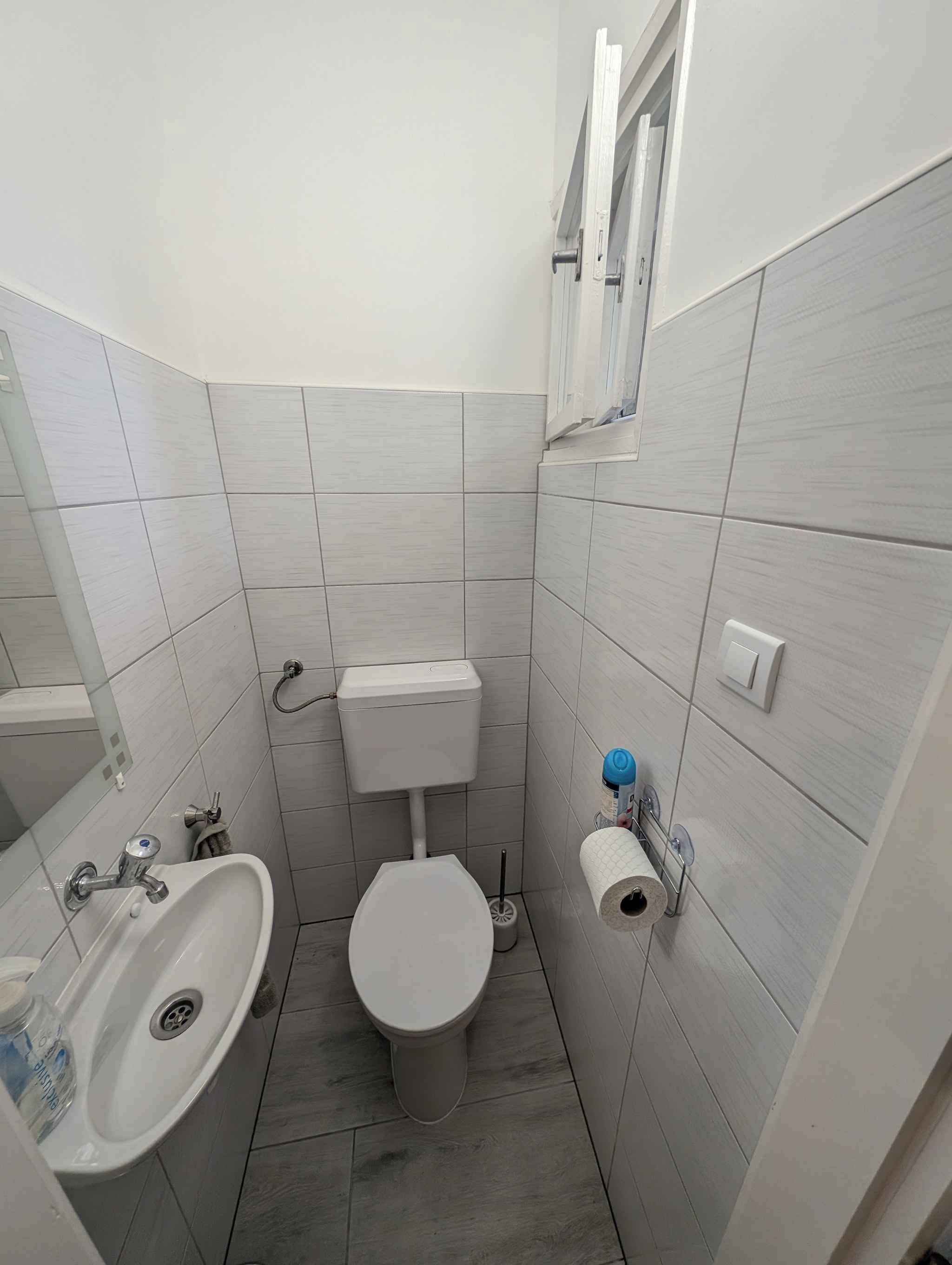 Uma casa de banho pequena e moderna, com sanita, lavatório e espelho.