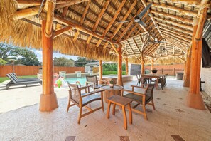 Outdoor dining - Private Resort-Style Pool, Tiki Cabana Paradise • 3BR/2BA • Near NRG Stadium (Houston)