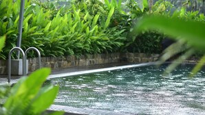 A swimming pool with a stone wall and lush greenery in the background. - Rain Drops Wellness Villa Sinharaja (Mederipitiya)