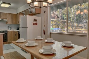 Fridge, microwave, oven, stovetop - Charming Tahoe Hideaway with Sunny Spaces, Fireplace & Outdoor Lounge | Brightwood Retreat (South Lake Tahoe)