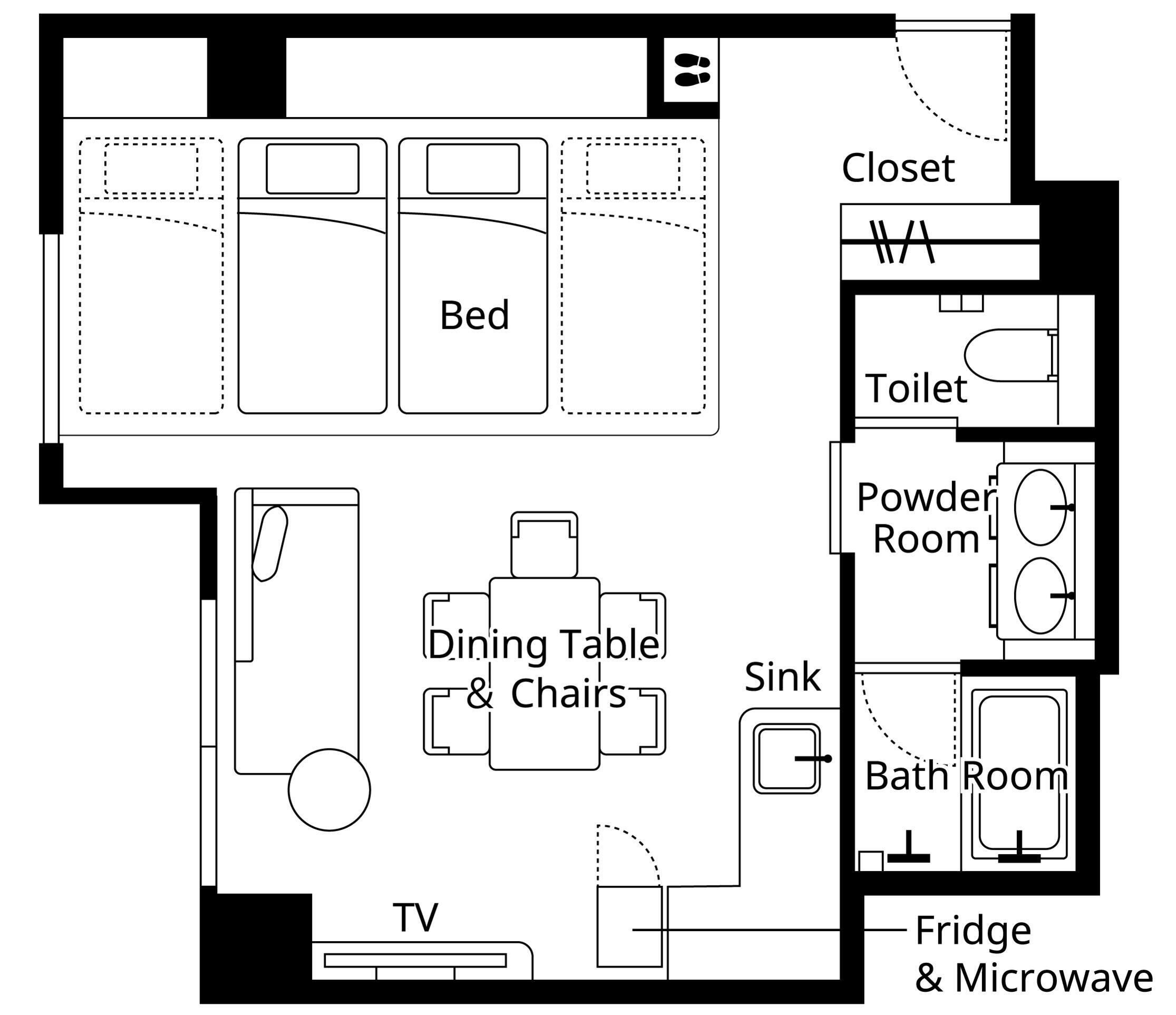 A floor plan with a bed, closet, toilet, powder room, dining table & chairs, sink, TV, and a fridge & microwave area.