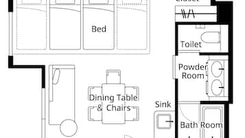 A floor plan with a bed, closet, toilet, powder room, dining table & chairs, sink, TV, and a fridge & microwave area.