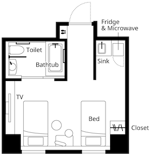 A room layout with a TV, bed, closet, toilet, bathtub, and a sink.