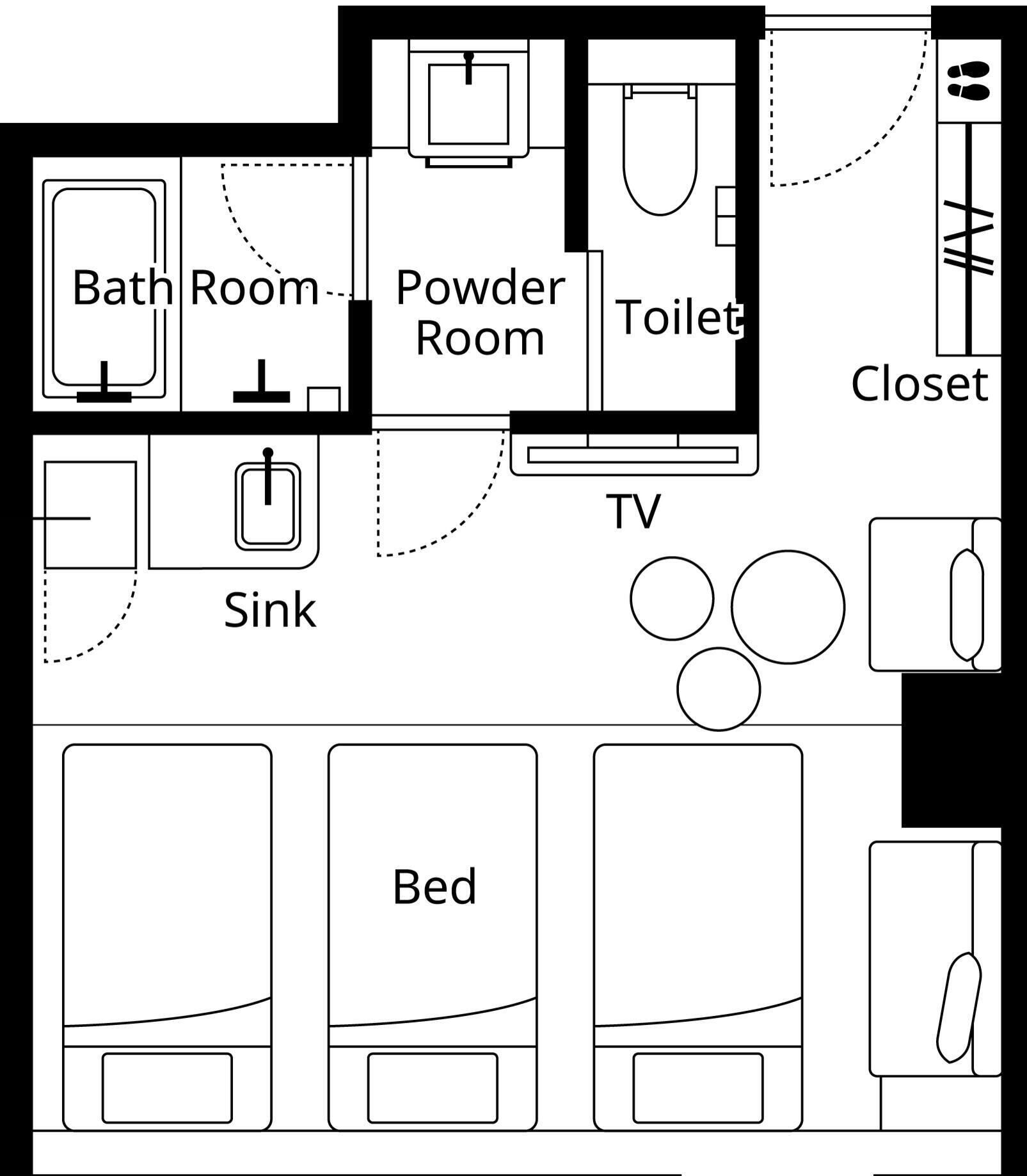 Pianta planimetrica con bagno, toilette, ripostiglio, televisore, lavandino e tre letti.
