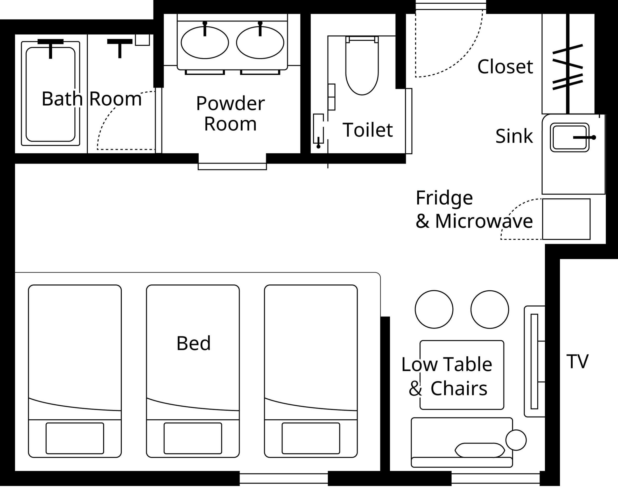 Distribución de una habitación de hotel con baño, aseo, inodoro, lavabo, refrigerador, microondas, dos camas, una mesita baja con sillas y televisor.