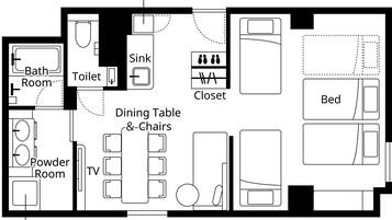 Ein Grundriss eines kompakten Hotelzimmers mit Kühlschrank und Mikrowelle, einem Gäste-WC, einem Fernseher, einem Esstisch mit Stühlen, einem Schrank, einer Toilette, einem Waschbecken und einem Bett.