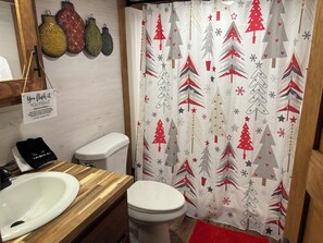 Douche, séchoir à cheveux, serviettes fournies, savon