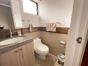 Regadera, secadora de cabello, bidet, toallas 