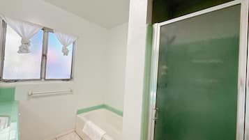 Hair dryer, towels, soap, toilet paper