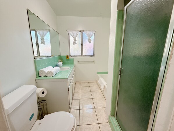 Sèche-cheveux, serviettes fournies, savon, papier toilette