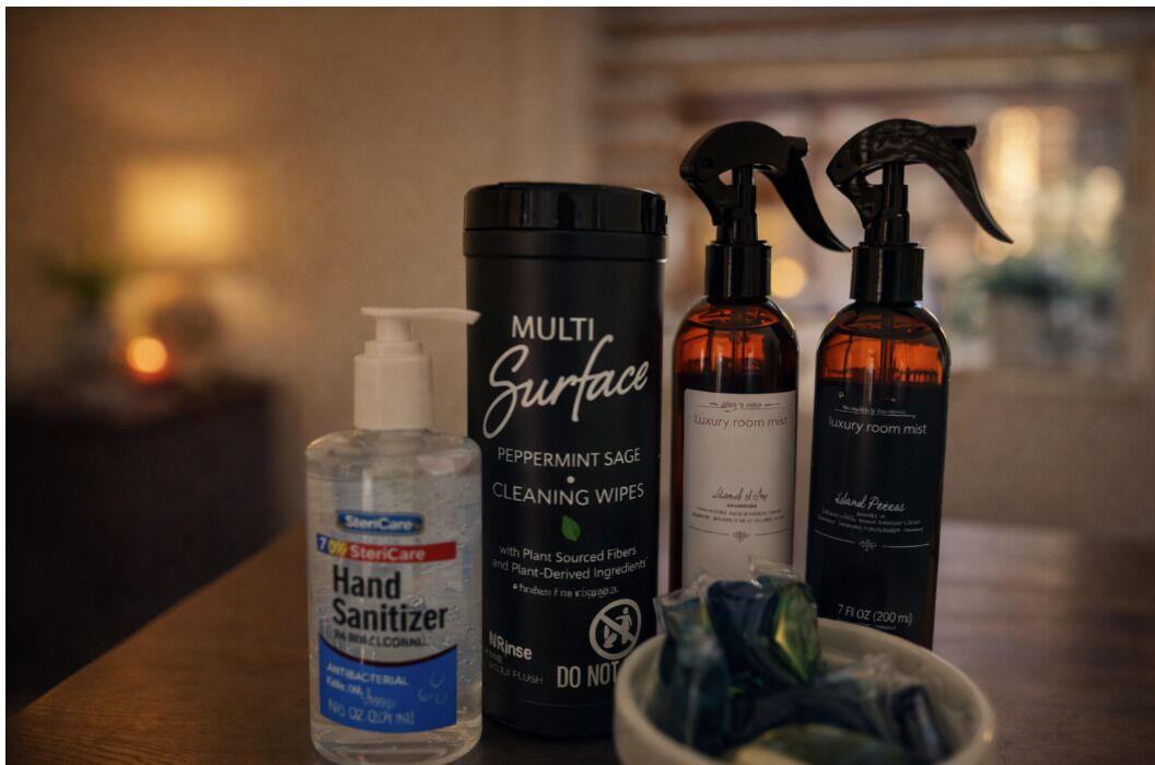 A hand sanitizer, multi-surface cleaning wipes, and two spray bottles on a table.
