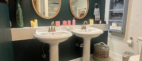 Hair dryer, towels, soap, toilet paper