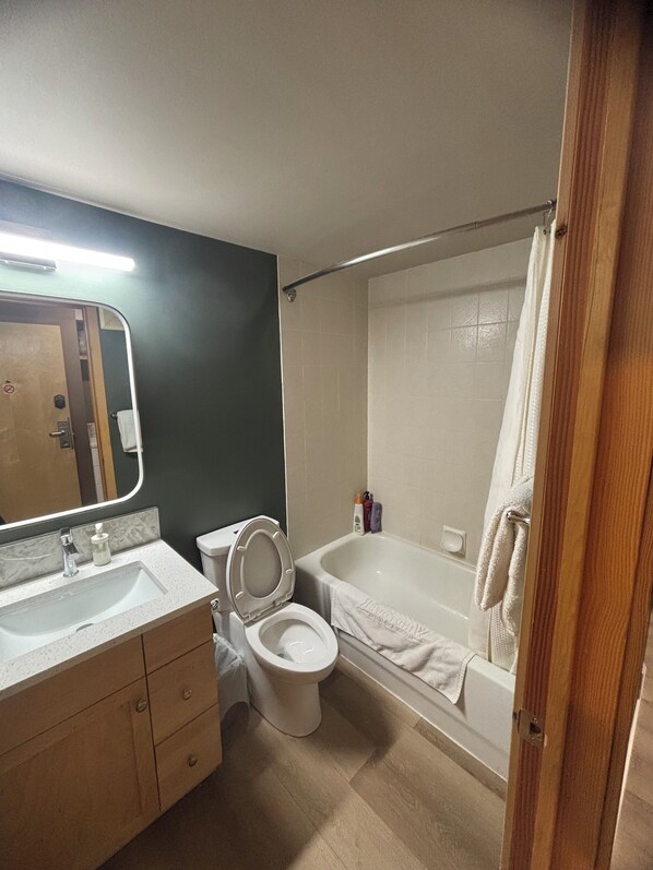 Hair dryer, towels, soap, toilet paper