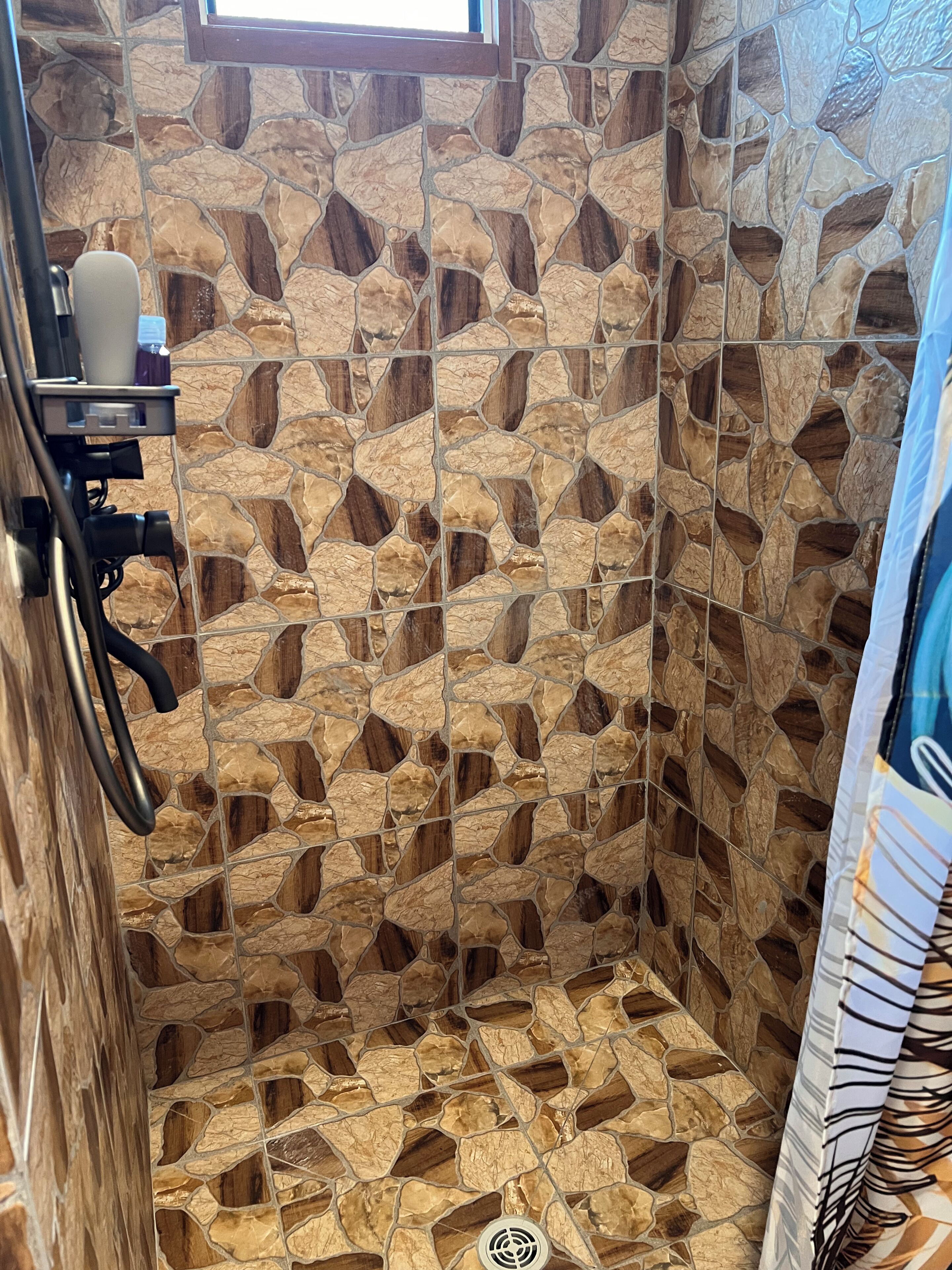 Shower, towels, soap, toilet paper