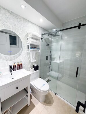 Douche, sèche-cheveux, serviettes fournies, savon