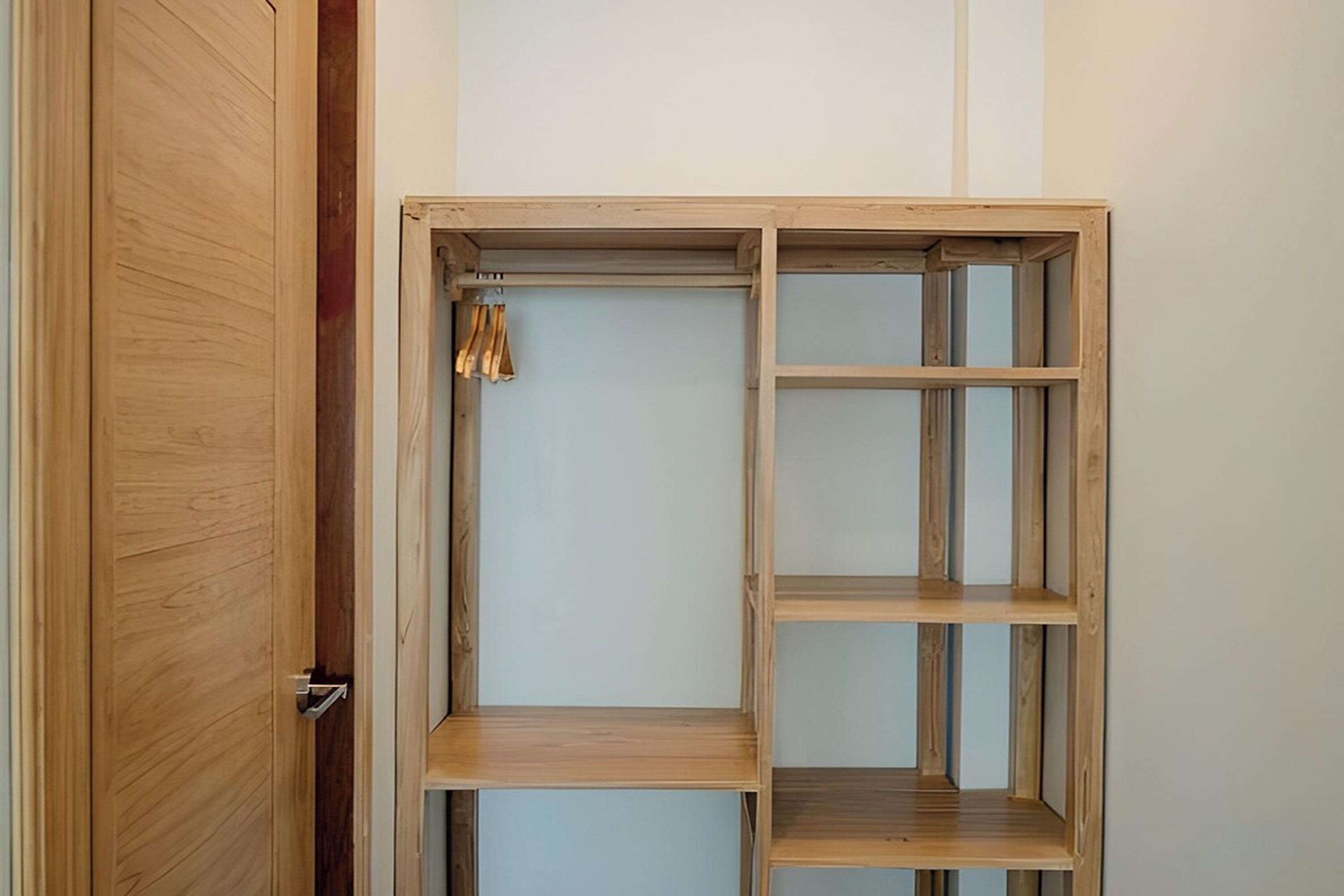 A wooden wardrobe with multiple shelves and hanging space.