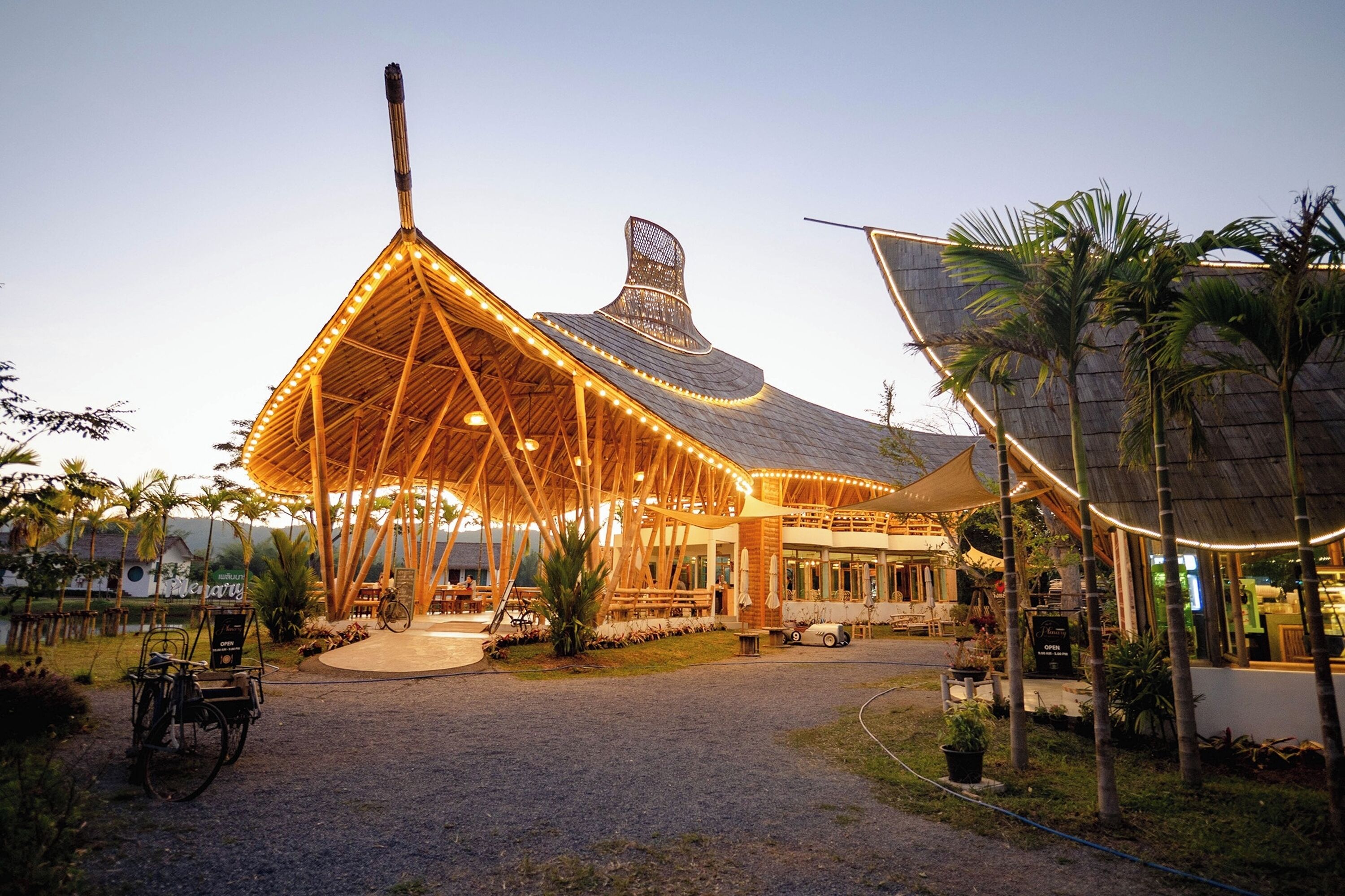 A large, open-air structure with a wooden framework and string lights, surrounded by palm trees and a gravel path.