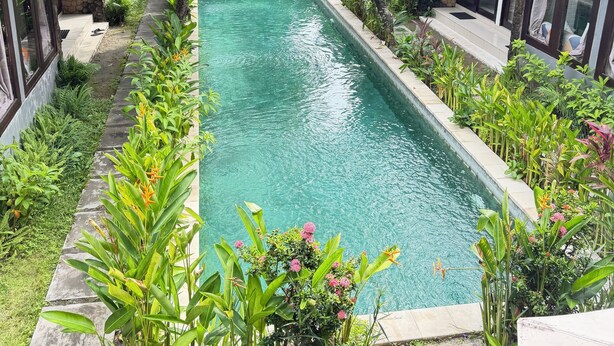 A rectangular pool surrounded by lush greenery and stone walls, with two buildings on either side. - 12 Bedroom Villa For Group (Badung)