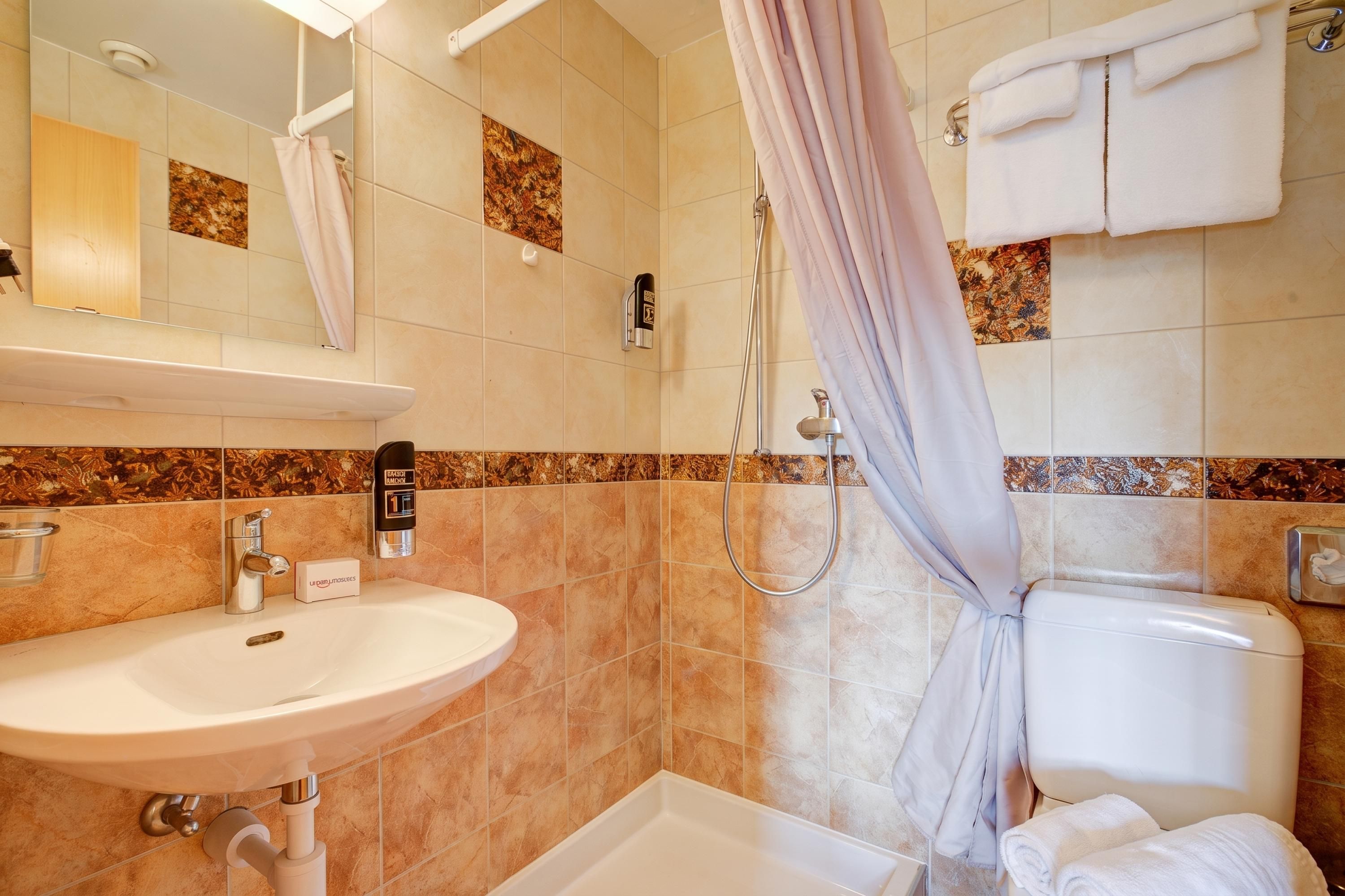 Une salle de bain équipée d’un lavabo, de toilettes, d’une douche et d’un miroir.