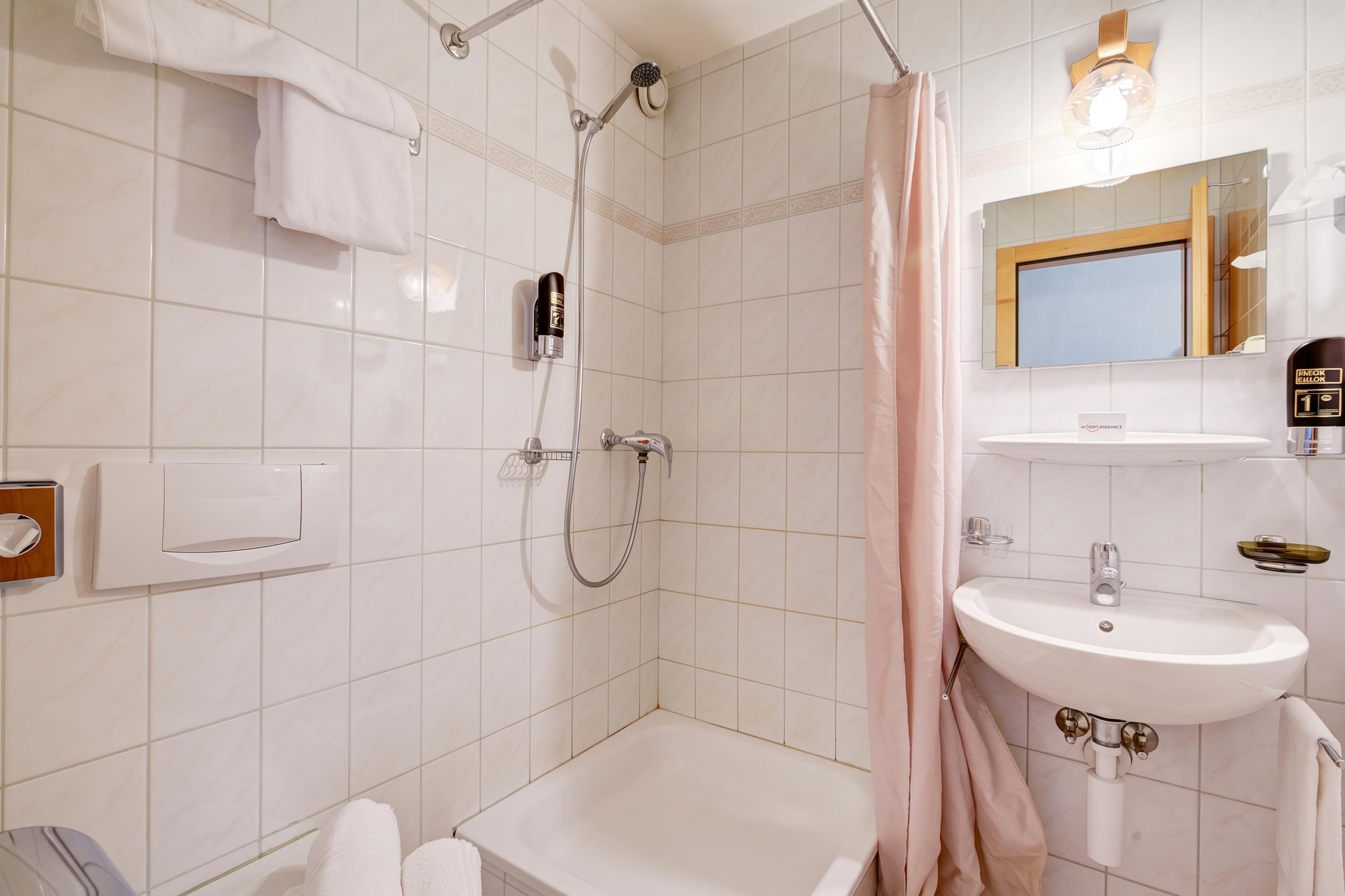 Une salle de bain équipée d’une douche, d’une baignoire, d’un lavabo et d’un miroir.