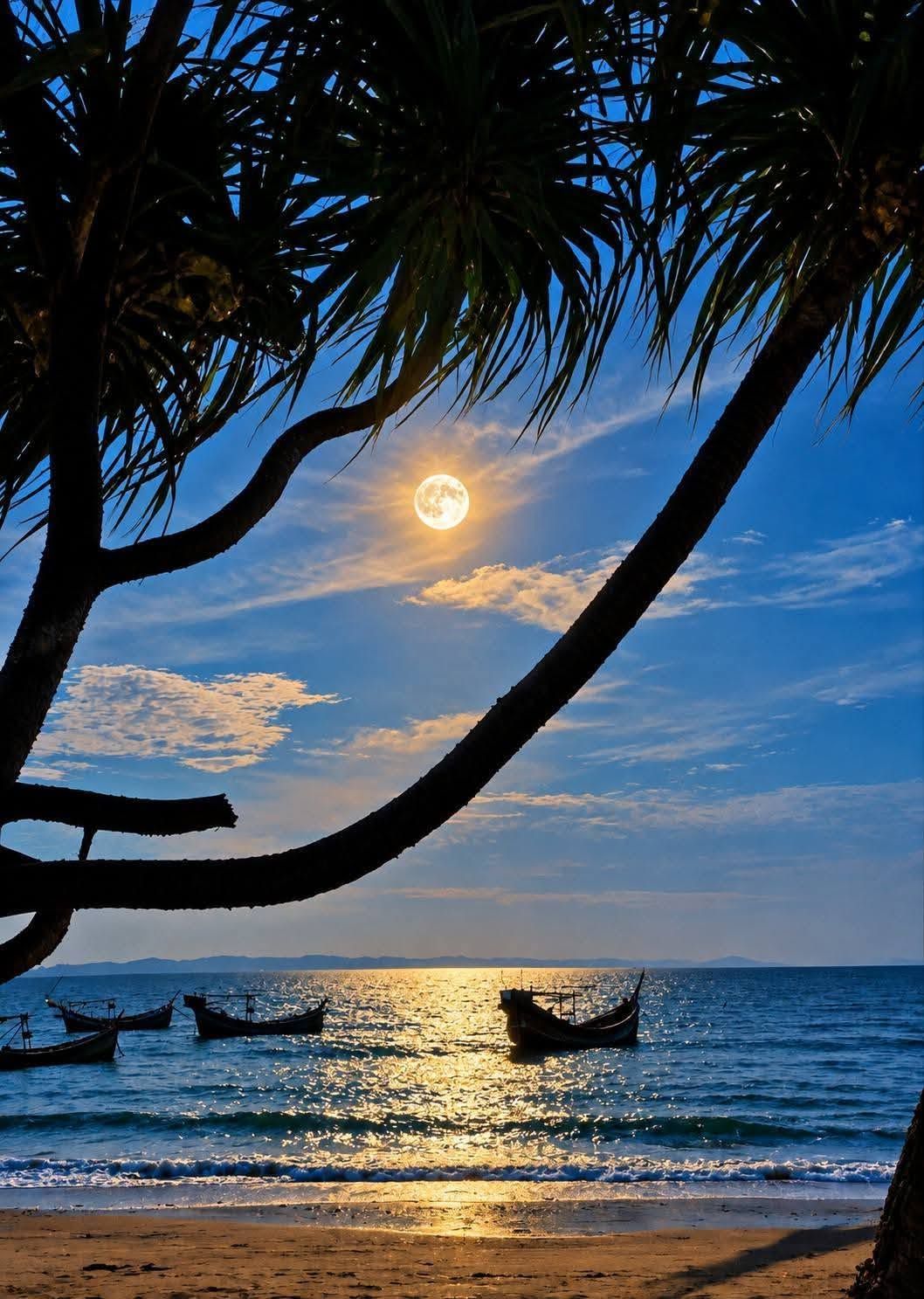 A beach scene with boats, palm trees, and a clear sky.