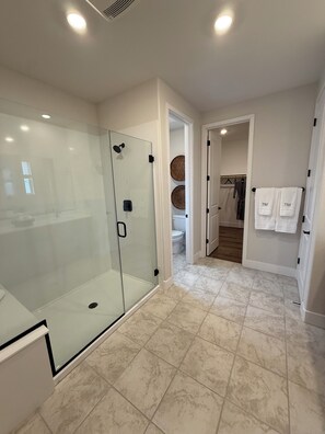 Hair dryer, towels, soap, toilet paper