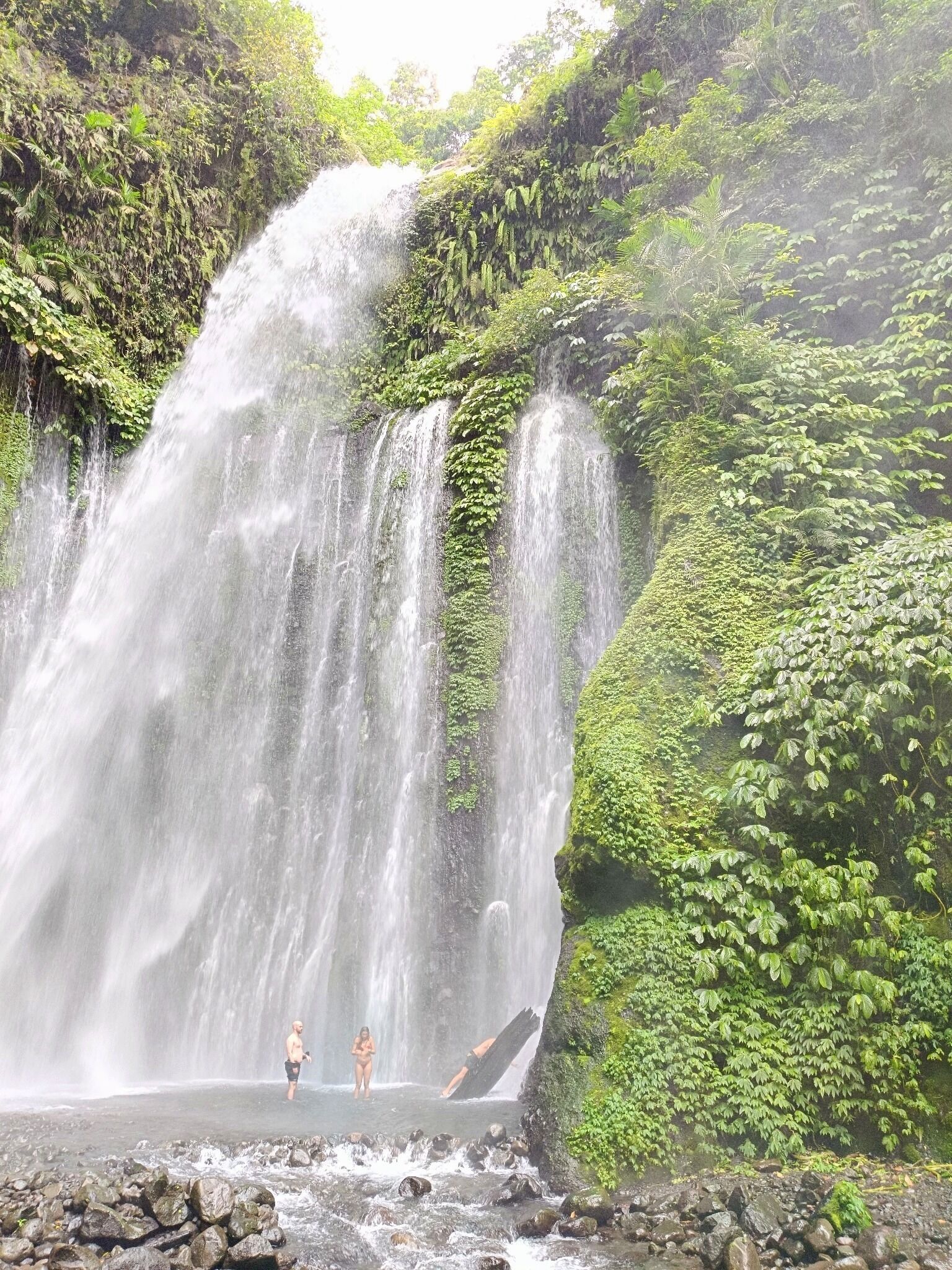 A waterfall with lush greenery and rocky terrain.