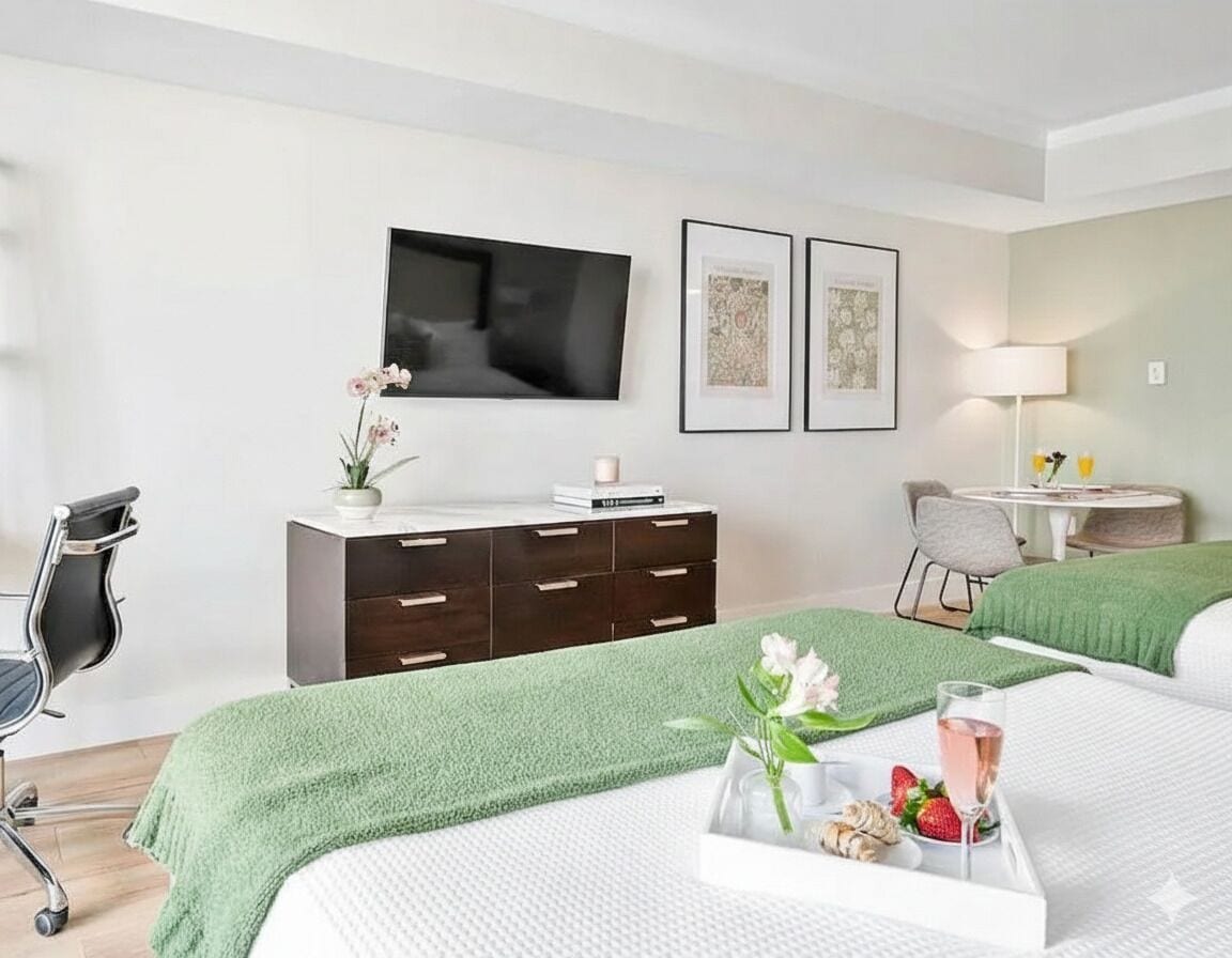 Habitación de hotel con dos camas, televisión, obras de arte enmarcadas, escritorio y alfombra verde.