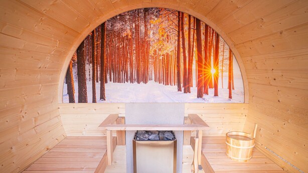 A sauna room with a wooden interior, a bench, a bucket, and a view of a snowy forest through an arched window. - Loft Olé-Olé - Erotic Love Room & Barrel Sauna (CARSPACH)