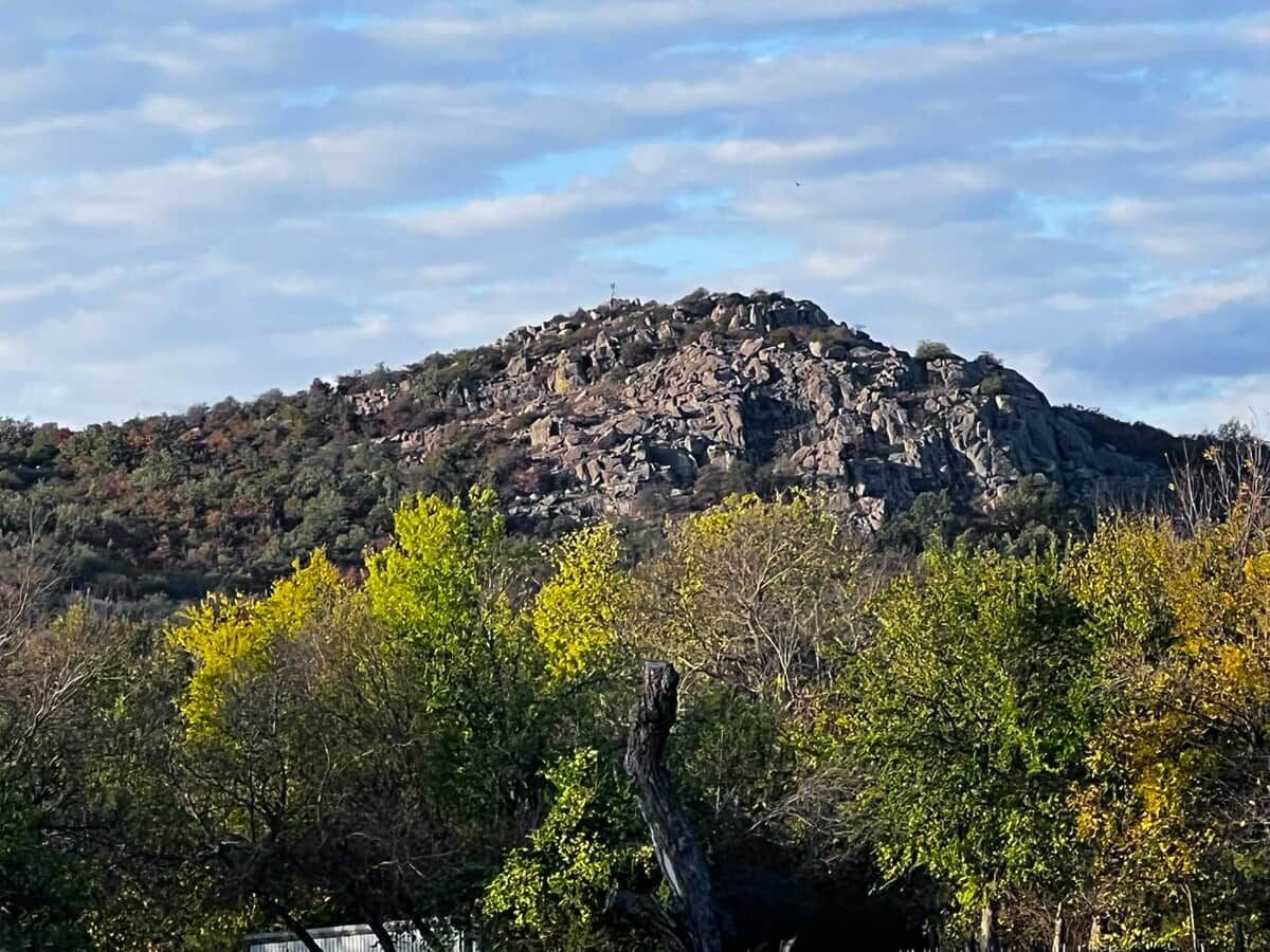 Eine gebirgige Landschaft mit dichter Vegetation im Vordergrund.