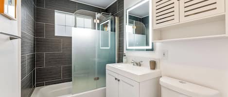 Shower, hair dryer, towels, soap
