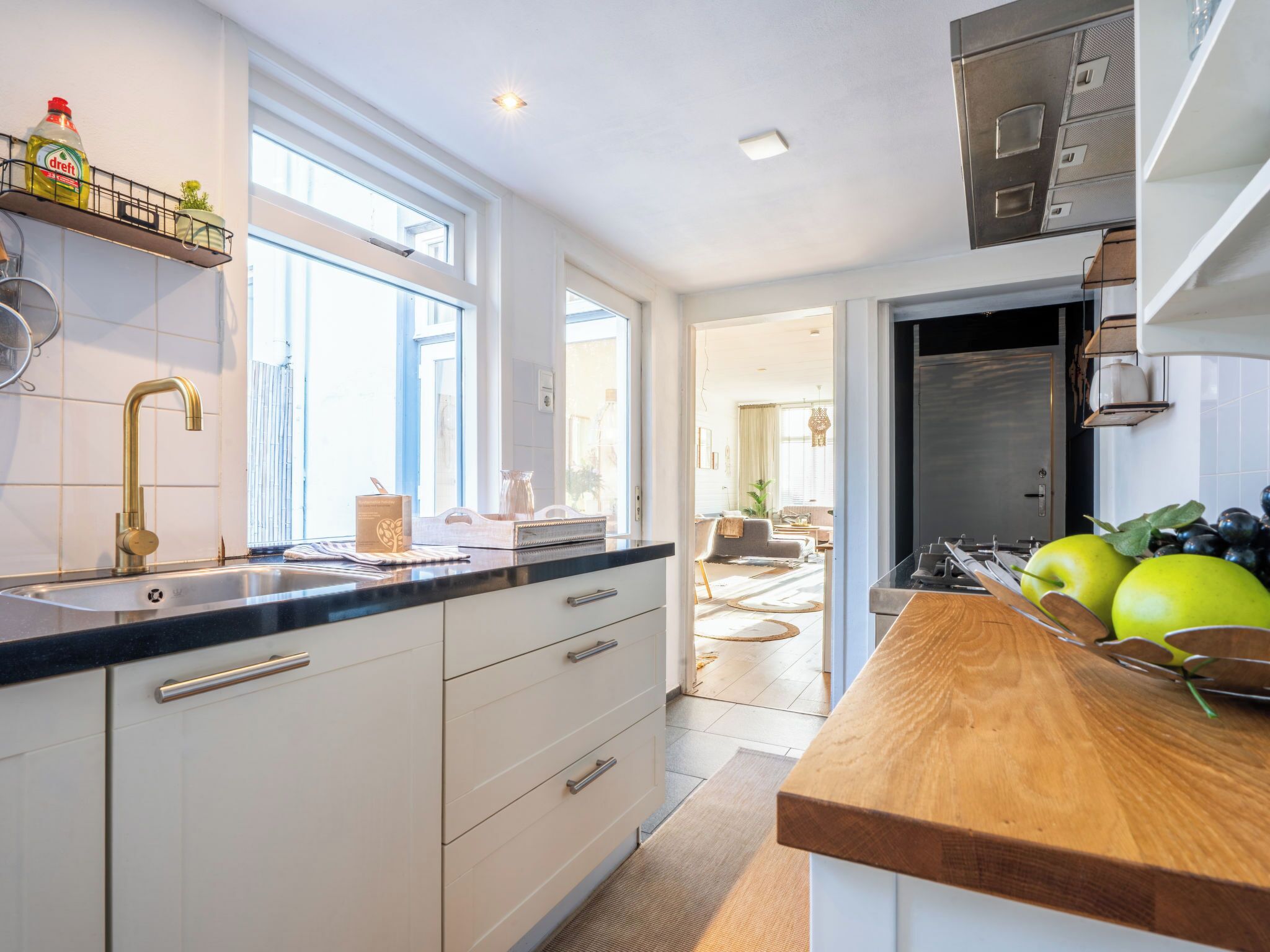 Fridge, oven, dishwasher, cookware/dishes/utensils