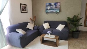 Una sala de estar con dos sofás azul oscuro, una mesa de centro de madera y una planta en maceta.
