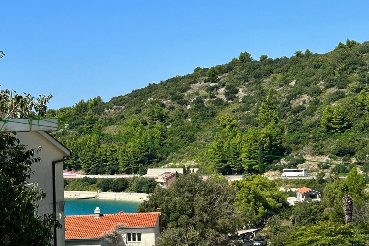 A coastal view with a clear blue sky, a beach, and a hillside with dense vegetation.