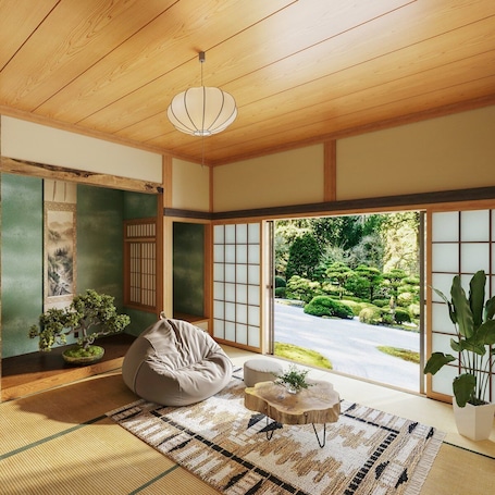 Interior. Sado/AAHotel Japanese garden, artwork,Four Seasons